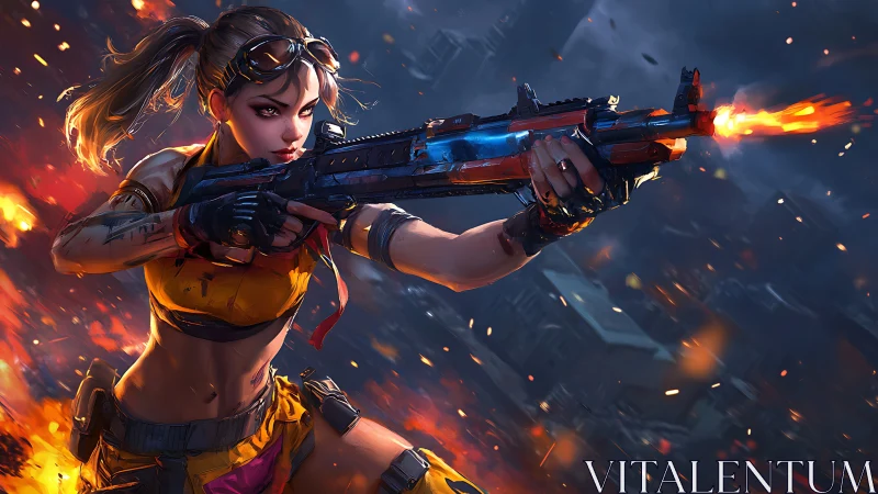 Cyberpunk gunner unleashes rifle fire across burning skyline