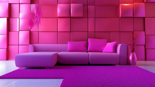 Bold pink modern living room with minimalist sectional sofa.