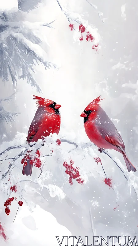 Crimson cardinals sharing quiet company in a snowy wonderland.