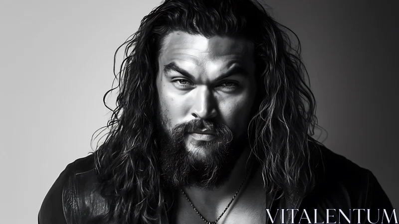 Monochrome male portrait with long hair and beard profile.