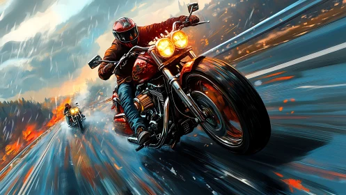 Motorcyclists on wet highway with fire along roadside.