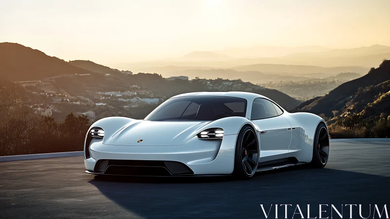 Electric sports car glows against hazy mountain sunset backdrop