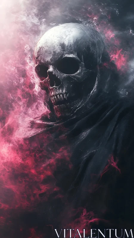 Hooded skull emerges from swirling crimson spectral smoke