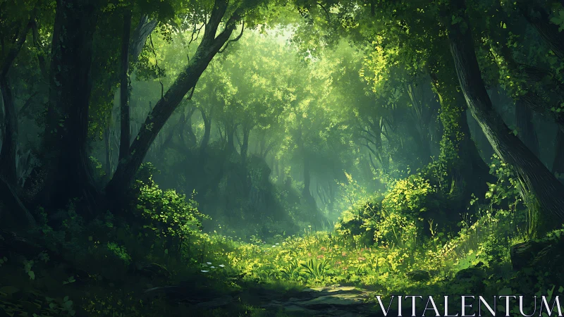 Enchanted Forest Path Glowing with Golden Sunlight