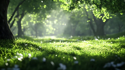 Tree-filled meadow with directional sunlight and soft focus.