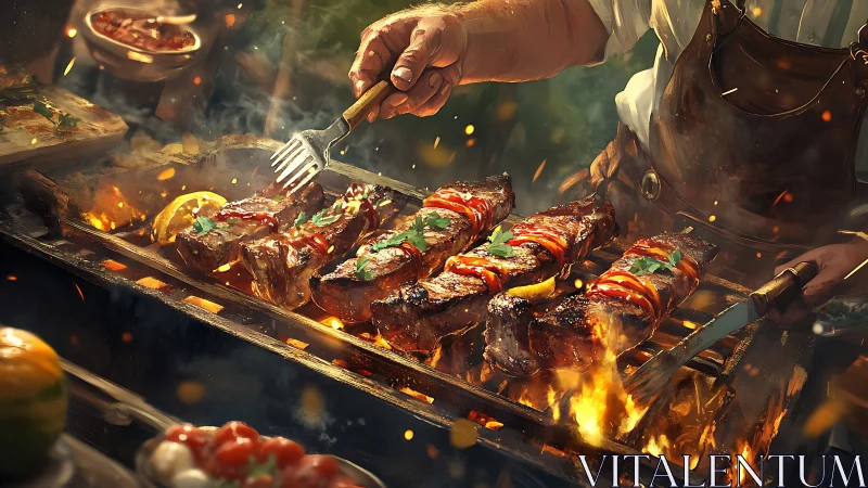 Cook tends multiple steaks on open charcoal grill flames