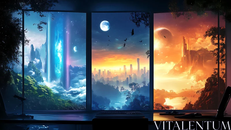 Triptych window reveals three parallel futuristic fantasy worlds