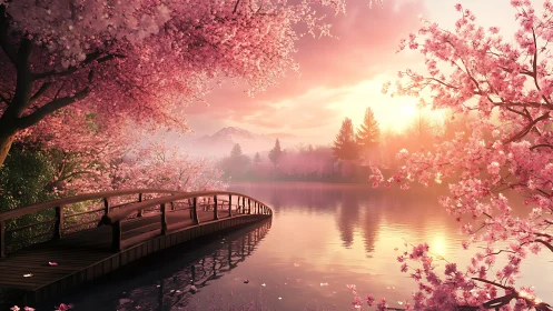 Cherry blossom bridge curves over tranquil dawn lake.