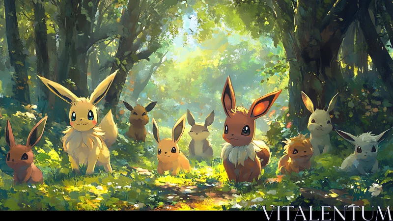 Multiple foxlike creatures explore sunlit forest clearing
