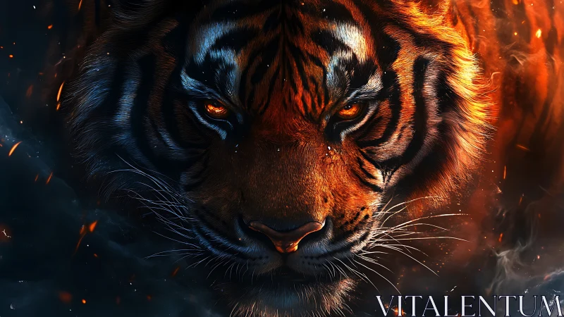 Infernal tiger portrait with blazing embers and smoke.