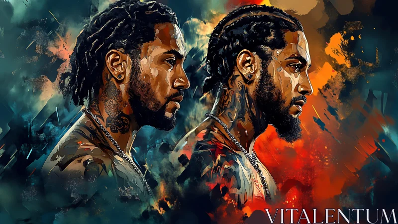 Dual Profile Portraits with Dynamic Fire and Storm.