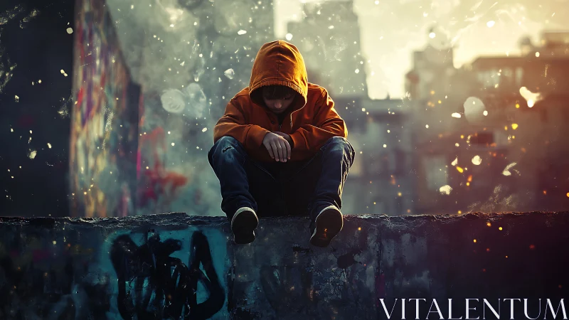 Hooded dreamer on a graffiti ledge in drifting city sparks.