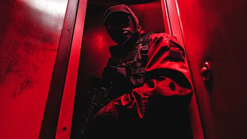 Crimson corridor sentinel in tactical armor waits silent.