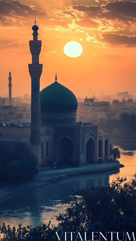 Riverside mosque and minaret under warm sunset light.