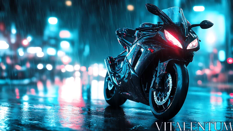 Sleek night motorcycle glowing in rainy neon city streets.