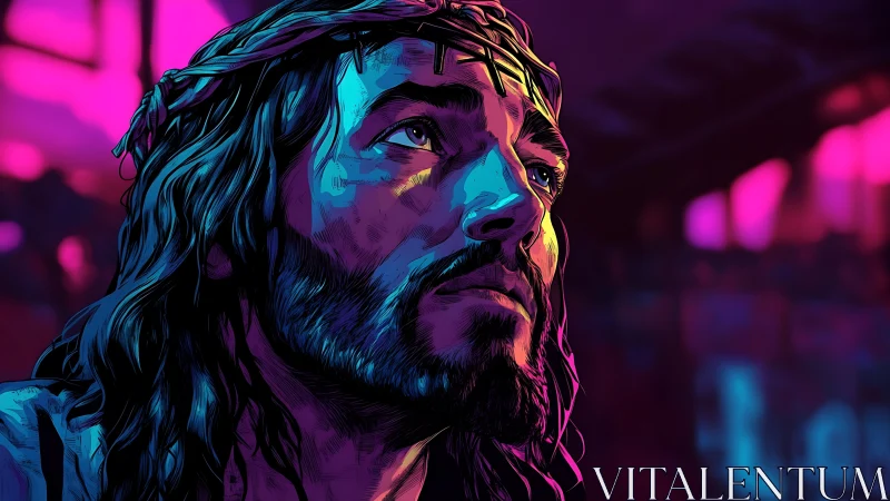 Contemplative bearded man in neon lit digital portrait.
