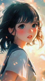 Sunlit anime schoolgirl gazes back in glowing breeze.