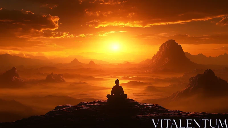 Solitary meditative silhouette facing volumetric orange sunrise