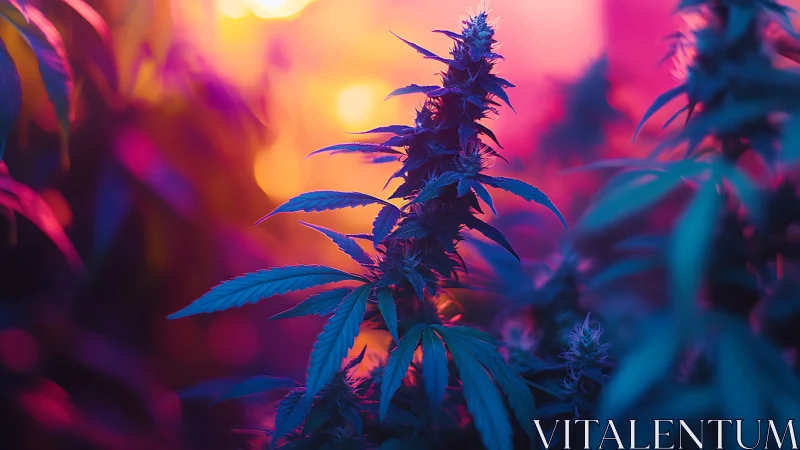 Cannabis plant silhouette under vibrant gradient lighting.