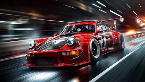 Red race car powers through a glowing night track in style