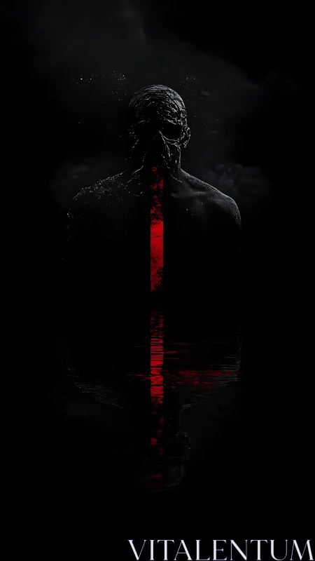 Shadowed figure framed by a haunting red light path.