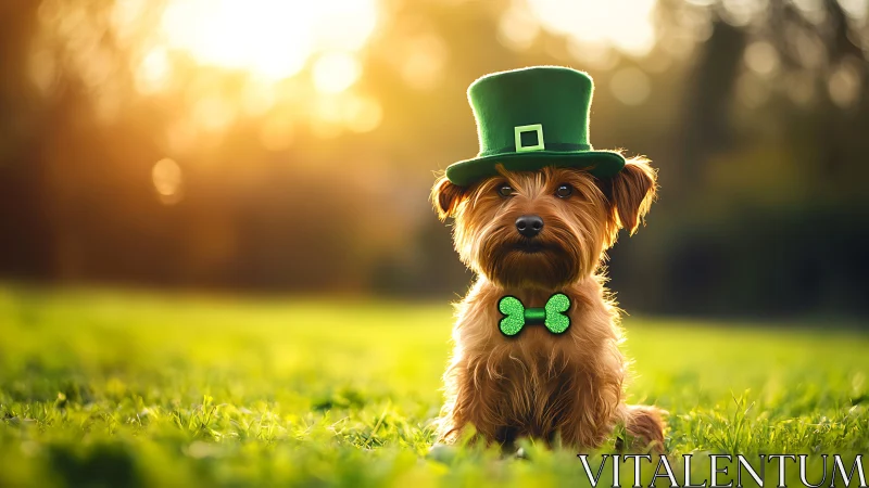 St. Patrick&rsquo;s Day terrier under glowing sunset bokeh field.