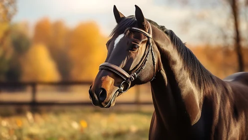 Equine portrait with tack in sunlit shallow depth field scene.