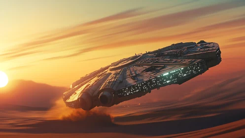 Sunset starship gliding low across glowing desert sands.