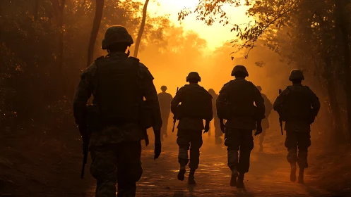 Soldiers advance through golden forest haze at sunrise