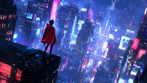 Lone figure surveys neon cyberpunk megacity in rainfall.