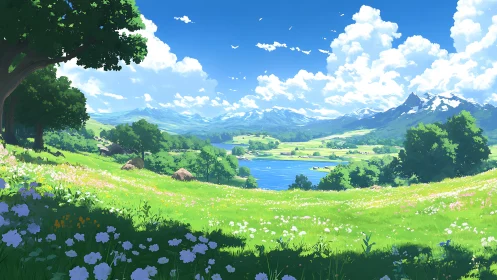 Lakeside meadow stretches toward distant snowcapped mountains.