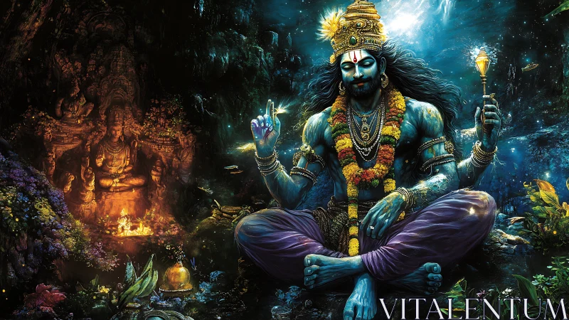 Mystical blue deity in a glowing underwater forest temple.