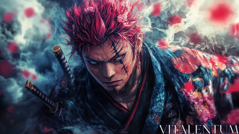 Anime samurai warrior portrait with dynamic floral kimono lighting.