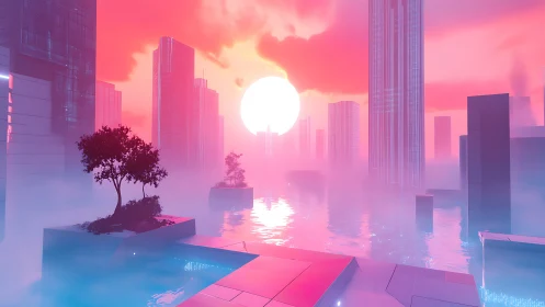Soft neon sunrise over a tranquil futuristic harbor city.