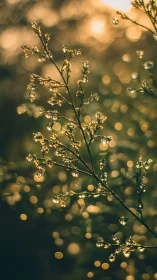 Backlit dew on delicate stems with golden bokeh glow.