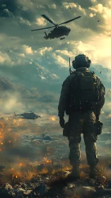 Soldier overlooking burning battlefield with combat helicopters.