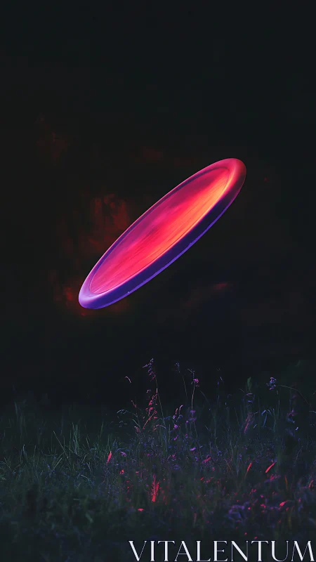 Neon frisbee slices midnight air above whispering grasslands