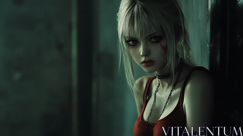 Brooding cyber girl in green-lit corridor, cinematic mood.