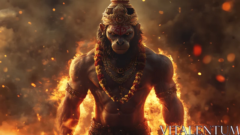 Mythic warrior deity with flames and ornate gold crown.