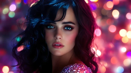 Neon-lit portrait captures blue-eyed woman amid bokeh glow.