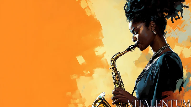 Side profile of saxophonist against flat orange backdrop.