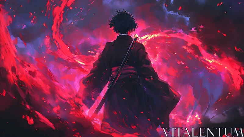 Lone swordsman with red energy swirl in stormy environment.