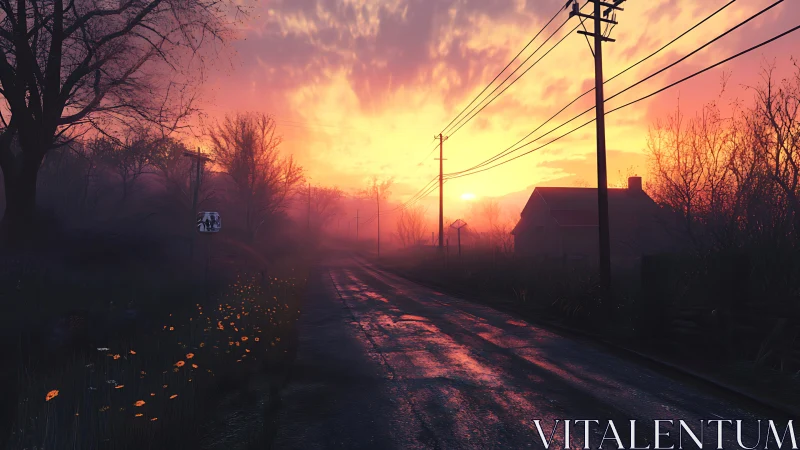 Quiet country road at sunrise wrapped in soft golden mist.