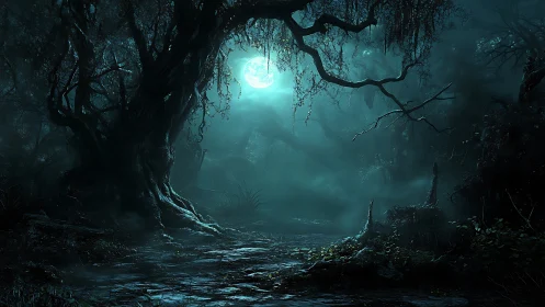 Moonlit haunted forest breathes eerie mist and silent dread