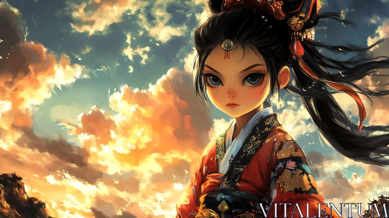 Sky-lit kimono heroine rendered in luminous digital painting.