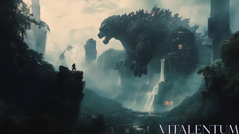 Colossal kaiju looms over misty cyber jungle ruins.