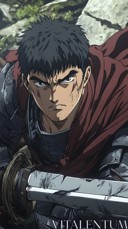 Battle-scarred anime swordsman in battered armor poised to strike.