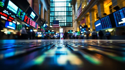 Low-angle stock exchange trading floor with LED ticker bokeh