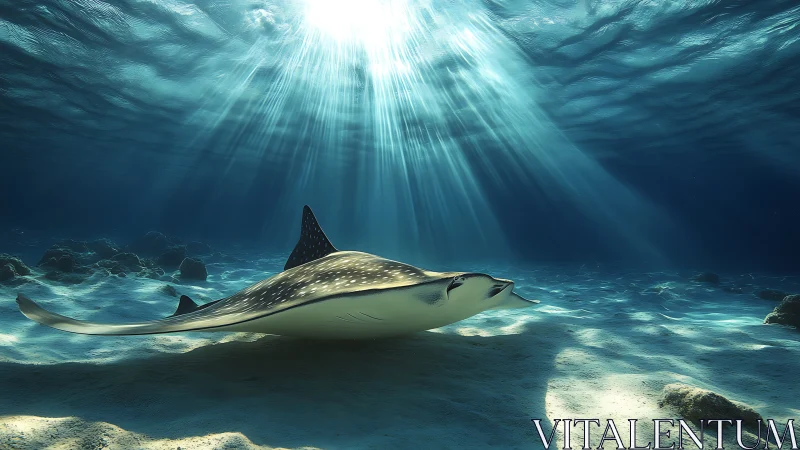 Spotted eagle ray gliding over sunlit sandy seafloor, wide angle