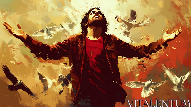 Kinetic digital painting of uplifted figure amid circling doves.